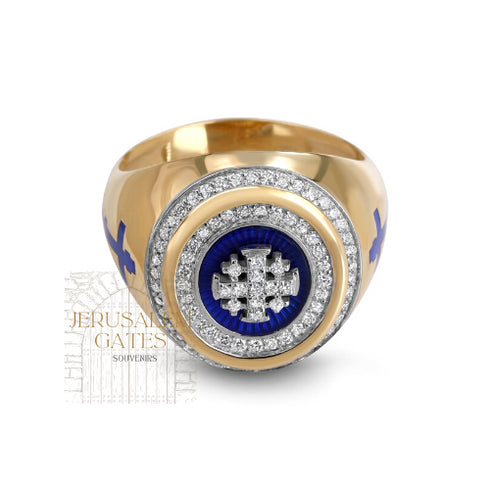 14K Gold With Diamond & Enamel Jerusalem Cross Men’s Ring